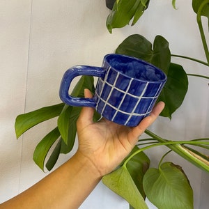 Blue ceramic mug, gingham, hand made pottery, kitsch home decor, vegan, novelty coffee cup, plaid mug, checkered image 4