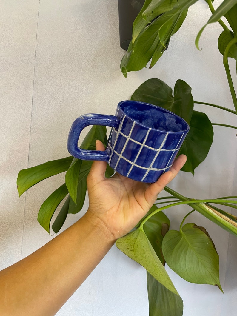 Blue ceramic mug, gingham, hand made pottery, kitsch home decor, vegan, novelty coffee cup, plaid mug, checkered image 4