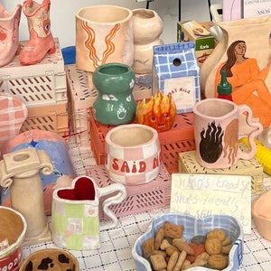 Blue ceramic mug, gingham, hand made pottery, kitsch home decor, vegan, novelty coffee cup, plaid mug, checkered image 6