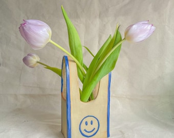 Ceramic Grocery bag - Happy face & sad face, handmade, novelty kitchenware, shopping plastic bag, hand painted ceramics, smile frown