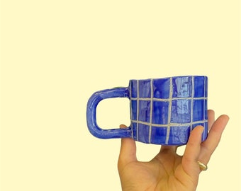 Blue ceramic mug, gingham, hand made pottery, kitsch home decor, vegan, novelty coffee cup, plaid mug, checkered, Valentines/Galentines