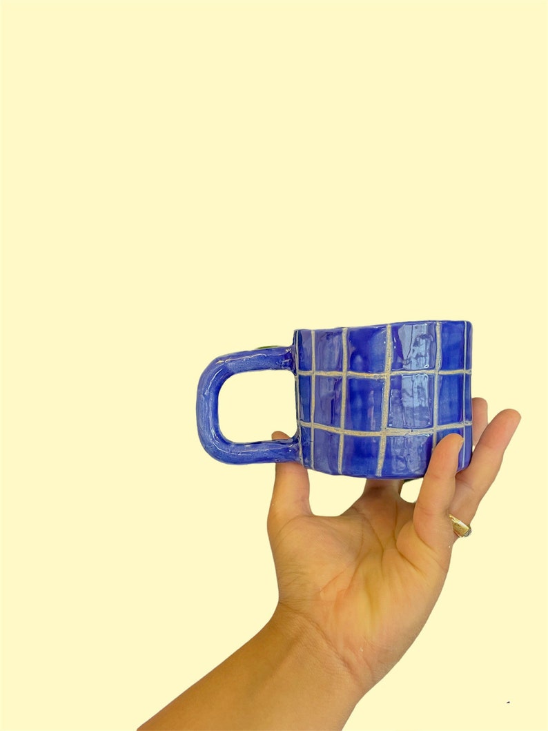 Blue ceramic mug, gingham, hand made pottery, kitsch home decor, vegan, novelty coffee cup, plaid mug, checkered image 1
