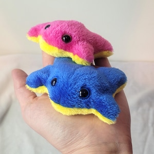 May include: Two plush star-shaped toys. The top toy is pink with yellow trim and black eyes. The bottom toy is blue with yellow trim and black eyes.