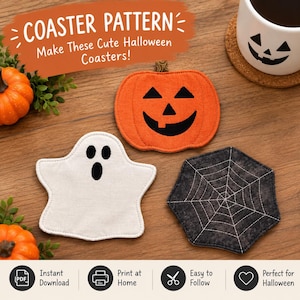 May include: Three fabric coasters featuring Halloween designs: an orange pumpkin with a black jack-o'-lantern face, a white ghost with a black face, and a dark gray hexagon with a white stitched spiderweb pattern. Text reads COASTER PATTERN.