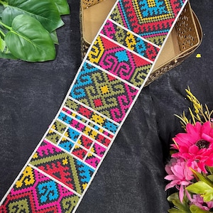 multicoloured Embroidered trim fabric ribbon bohemian bag strap DIY crafting sewing Lehenga lace sash dress belt Indian trim embellishment