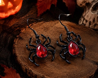Halloween Spider Earrings, Red Crystal Spider Earrings, Gothic Halloween Jewelry, Black Spider Dangle Earrings, Spooky Gift for Her