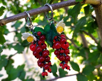 Beaded redcurrant with green leaf and white flower earrings huggie