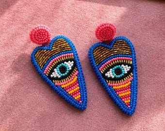 Handmade Beaded Heart Evil Eye Earrings: Protective Jewelry