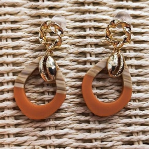 Gold color cowrie shell earrings, Statement drop earrings