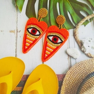 Vibrant Orange Evil Eye Heart Earrings, Beaded Embroidery jewelry, Unique Protective Gift