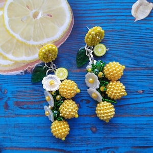 Lemon Beaded Drop Earrings: Fruit Flower Dangle Earrings