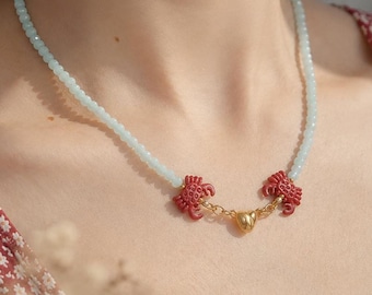 Red Crab Necklace, Magnetic Heart Clasp Necklace, Light Blue Beaded Necklace, Cute Coastal Jewelry, Ocean Lover Gift