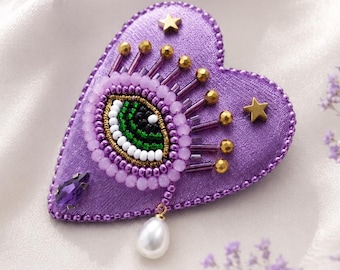Evil Eye Brooch: Purple Velvet Heart, Protection Jewelry