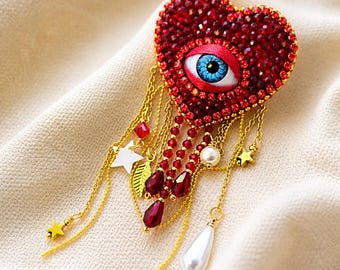 Heart Eye Brooch: Red Crystal Evil Eye Pin, Boho Statement Jewelry