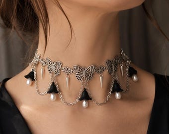 Gothic Butterfly Choker Necklace, Black Bell Flower Pearl Choker, Fairy Grunge Necklace, Dark Cottagecore Jewelry, Victorian Gothic Gift