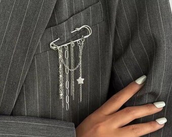 Silver Chain Brooch with Star Charm, Modern Statement Pin, Minimalist Jewelry, Suit Lapel Brooch
