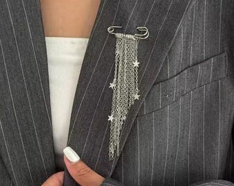 Safety Pin Brooch with Star Chains, Silver Lapel Pin, Gothic Celestial Jewelry