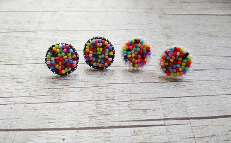 Small stud earrings Tiny geometric studs Flat stud earrings Tiny flat studs Round flat studs Rainbow stud earrings Beaded earrings