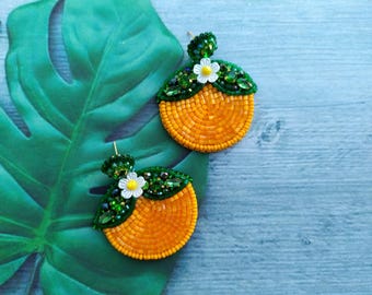 Hand-Embroidered Orange Slice Earrings, Citrus Fruit Boho Jewelry