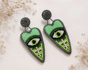 Green Evil Eye Beaded Earrings, Handmade Seed Bead Statement Earrings, Gothic Jewelry, Witchy Gift for Her