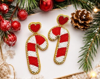 Beaded Candy Cane Earrings, Christmas Earrings, Holiday Statement Earrings, Cute Christmas Jewelry Gift for Her, Festive Seed Bead Earrings
