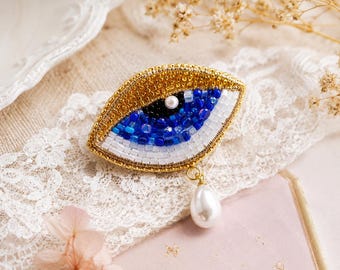 Beaded Evil Eye Brooch with Pearl Drop
