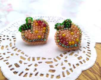 Beaded embroidery cute mini peach earrings studs