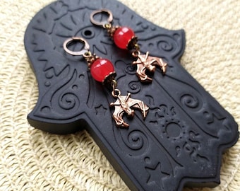 Spooky Bat Dangle Earrings: Red Moon Copper Huggies, Gothic Halloween Jewelry