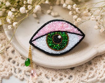 Beaded Eye Brooch, Handmade Statement Pin, Green Eye Embroidered Brooch, Evil Eye Jewelry, Unique Gift for Her