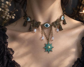 Evil Eye Necklace, Butterfly Statement Necklace, Gothic Boho Jewelry, Blue Eye Protection Necklace, Vintage Celestial Jewelry