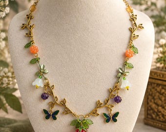 Botanical Beaded Necklace, Woodland Garden Jewelry, Floral Butterfly Necklace, Handmade Nature Inspired Necklace, Cottagecore Jewelry