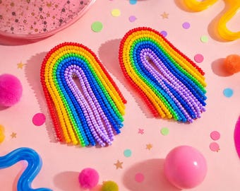 Rainbow Beaded Fringe Earrings: Colorful Fun Jewelry Gift