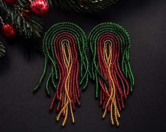 Christmas Beaded Fringe Earrings, Handmade Statement Seed Bead Earrings, Green Red Gold Dangle Earrings, Holiday Jewelry Gift