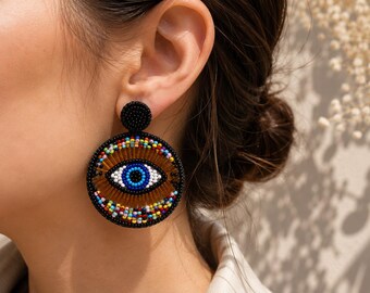 Handmade Evil Eye Beaded Statement Earrings, Colorful Seed Bead Dangle Earrings, Boho Eye Jewelry, Protective Eye Earrings, Gift for Her