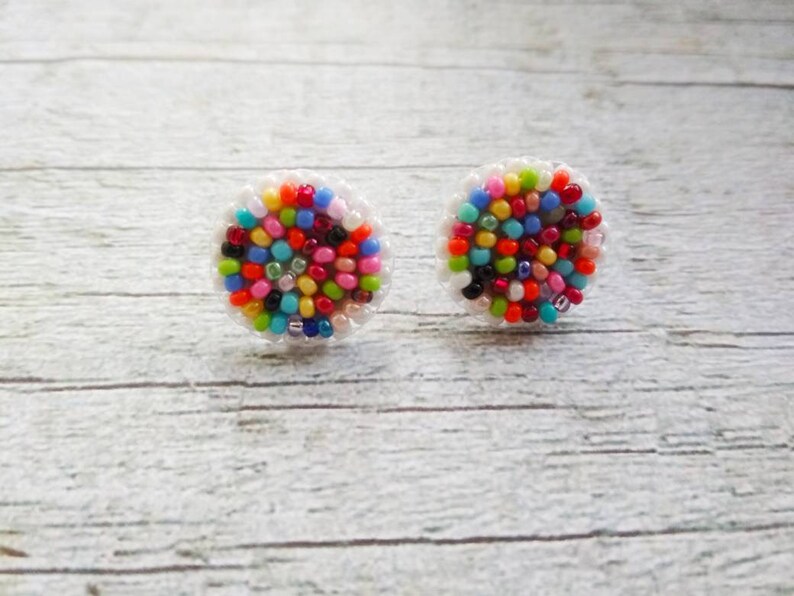 Small stud earrings Tiny geometric studs Flat stud earrings Tiny flat studs Round flat studs Rainbow stud earrings Beaded earrings