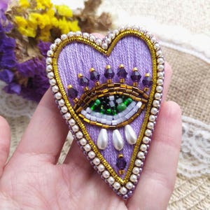 Embroidered Lavender Heart Evil Eye Brooch: Protective Statement Jewelry