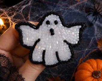 Ghost Brooch, Halloween Ghost Pin, Handmade Beaded Brooch, Cute Spooky Ghost, Embroidered Halloween Jewelry