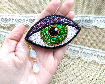 Beaded Evil Eye Brooch: Green & Purple Embroidered Pin