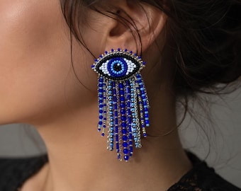 Blue Evil Eye Beaded Fringe Earrings, Statement Boho Earrings, Handmade Nazar Jewelry, Protective Eye Earrings, Festival Gift