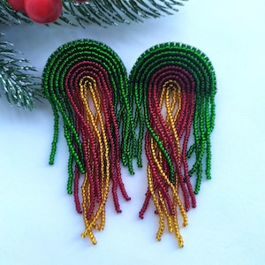Christmas Beaded Fringe Earrings: Red, Green & Gold Holiday Dangles