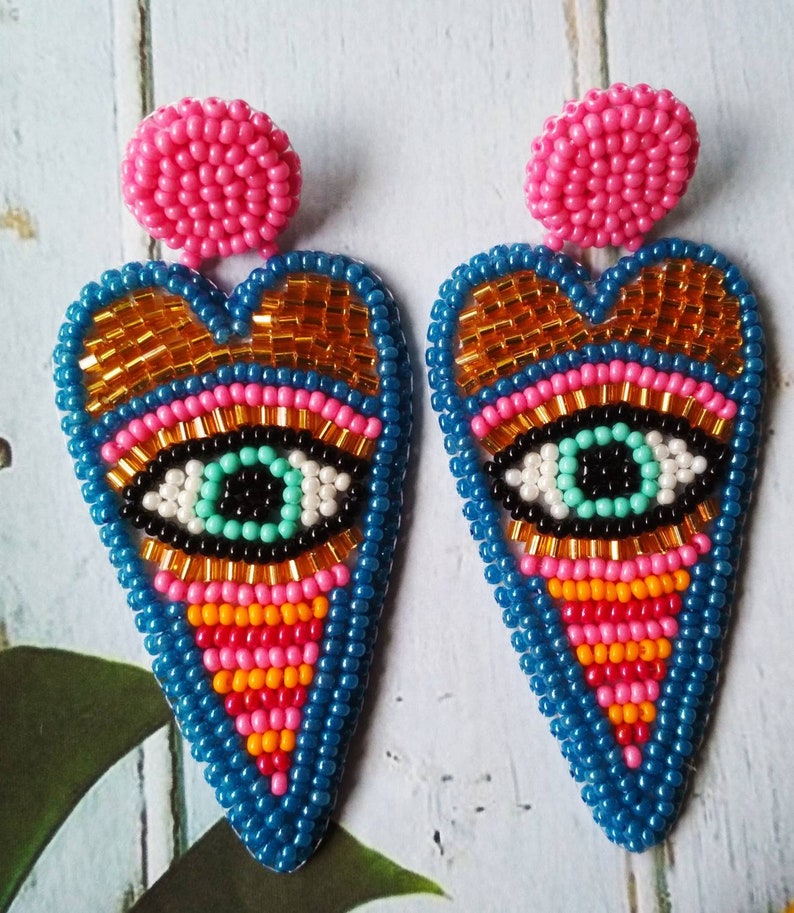 Evil Eye Earrings Embroidery Heart Earrings Large Beaded Eye Etsy