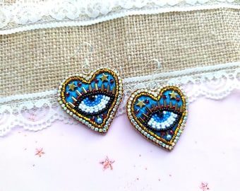 Blue heart evil eye earrings. Bead embroidery jewelry.