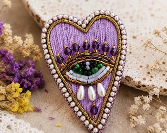 Purple Heart Eye Brooch, Embroidered Evil Eye Heart Pin, Handmade Beaded Heart Brooch, Gothic Statement Jewelry, Unique Gift for Her