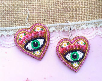 Beaded Evil Eye Heart Earrings, Colorful Boho Statement Jewelry, Handmade Embroidery Heart Dangle Earrings, Pink & Green Protection Amulet