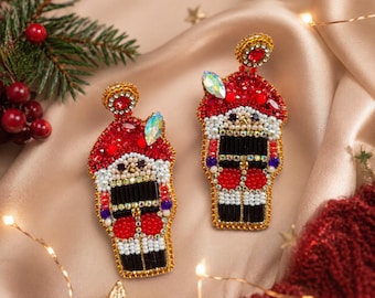 Nutcracker Earrings, Christmas Beaded Earrings, Handmade Nutcracker Jewelry, Holiday Statement Earrings, Festive Christmas Gift