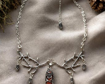 Woodland Red Jasper Necklace, Forest Branch Necklace, Pine Cone Necklace, Cottagecore Jewelry, Fairycore Necklace