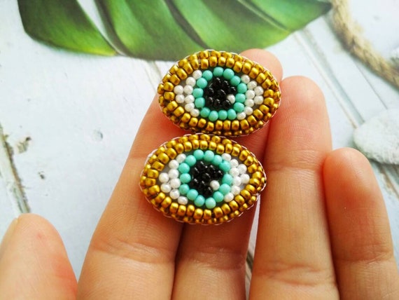 Beaded Evil Eye Stud Earrings Small Blue Eye Earrings Bead