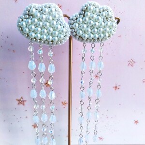 Beaded Cloud Earrings: Pearl Raindrop Crystals, Kawaii Dangle Jewelry