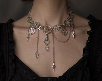 Steampunk Gear Necklace, Gothic Statement Choker, Handmade Silver Alternative Jewelry, Celestial Star Charm Accessory, Witchy Gift For Her