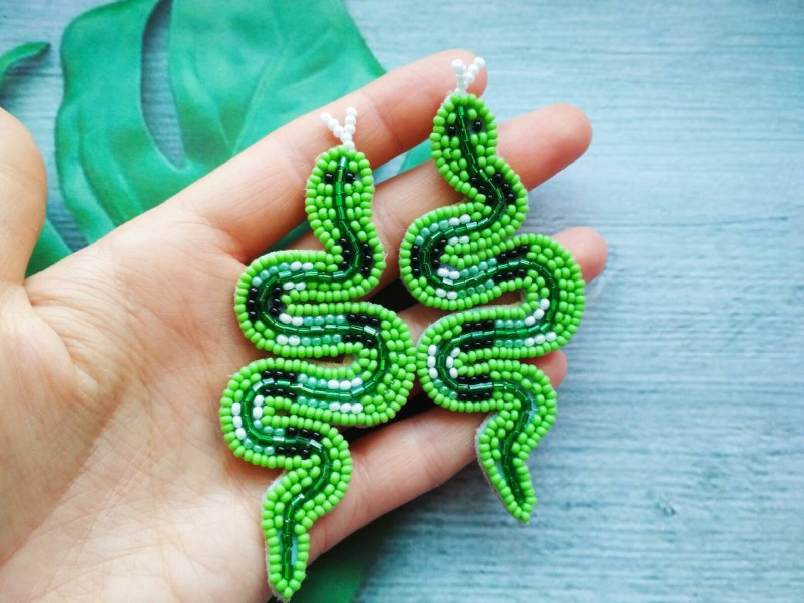 Snake earrings Seed bead embroidery green snake Serpent Etsy